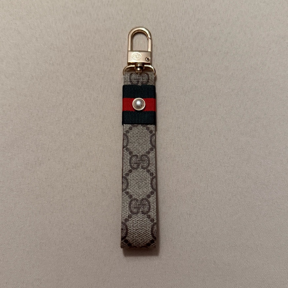 Fashion Tan Monogram Keychain Fob with Green and Red Stripe